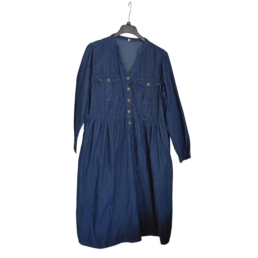Blue Denim Cottagecore Button Front Midi Shirt Dress w/ Pockets 2XL 75% Cotton - Picture 9 of 13